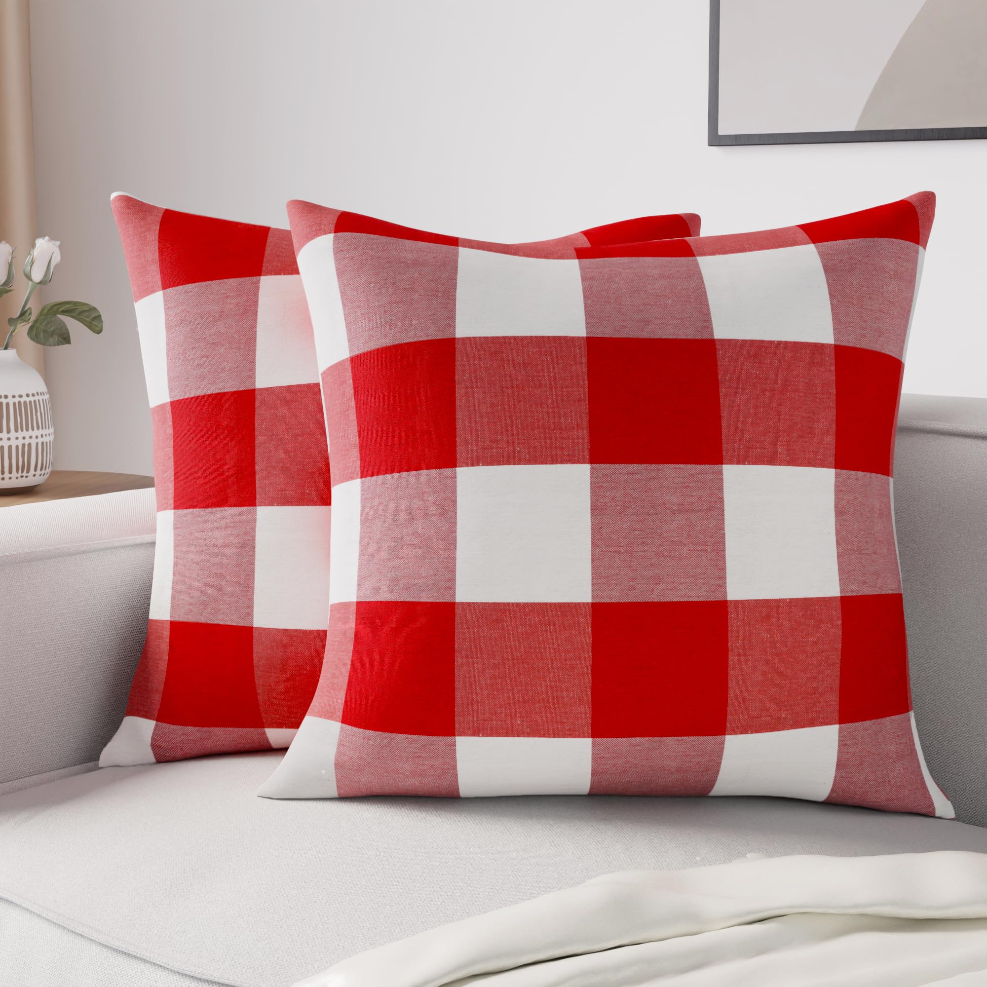 Encasa XO Cushion Covers 2 pcs set (45x45 cm) - Buffalo Red Checks - Decorative Large Square Colourful Washable Eco - Cotton, Throw Pillow Cases for Living Room, Sofa, Bedroom, Home & Hotel — image 1