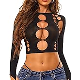 RSLOVE Women Sexy Lingerie Sets Naughty Bodysuit Cutout Top Long Sleeve Teddy Exotic Bodystocking Mesh