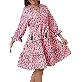 Women's Boho Floral Mini Dress Printed Tiered Ruffle Long Sleeve V Neck Summer Dress