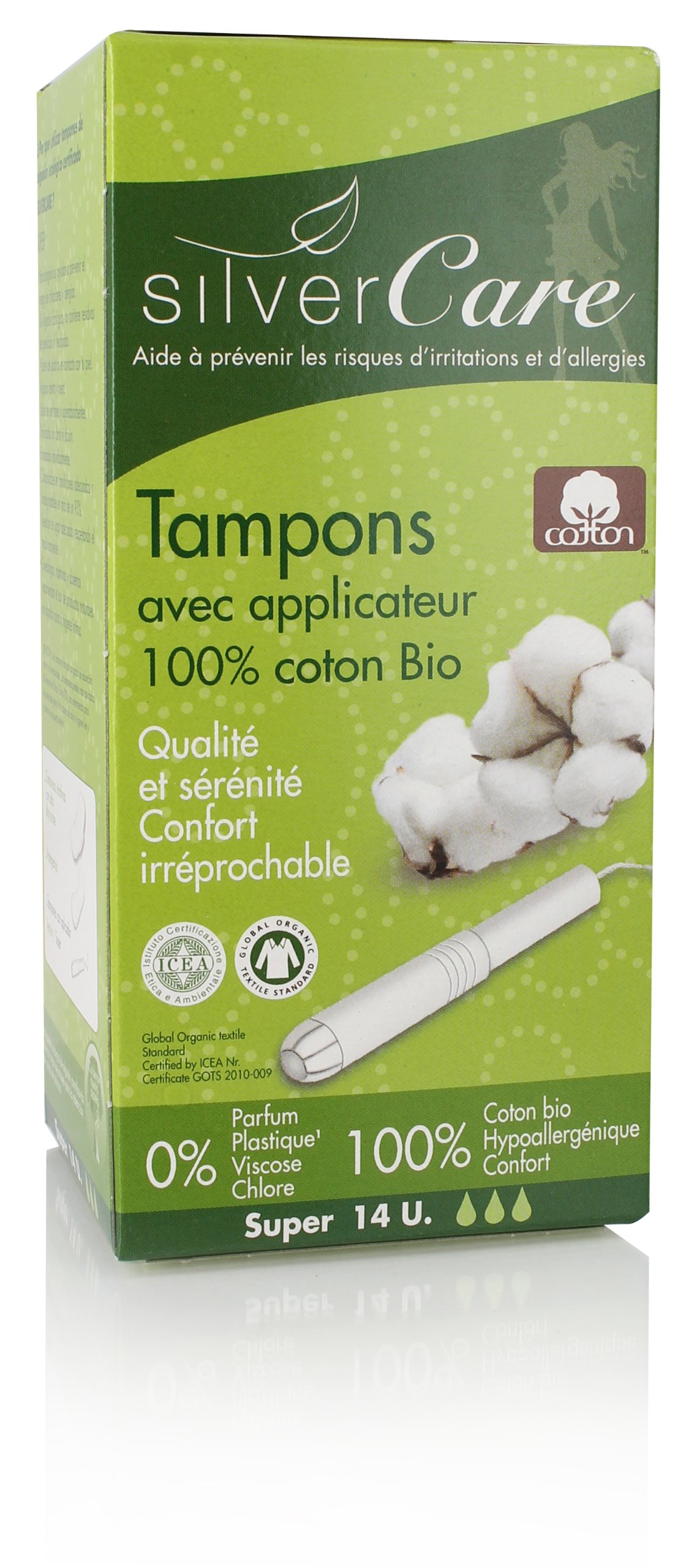 Silvercare Feminine Protection 100% Pure Organic Cotton Super Pad with Applicator Box of 14 Units