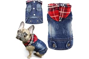 SILD Pet Clothes Dog Jeans Jacket Cool Blue Denim Coat Small Medium Dogs Lapel Vests Classic Hoodies Puppy Blue Vintage Washed Clothes (Plaid Hat,XXL)