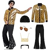 Rayekrot Men's 70s Disco Outfit Costume Set Retro Bell Bottom Shirts Wigs Necklace Mustache Sunglasses for Halloween Party