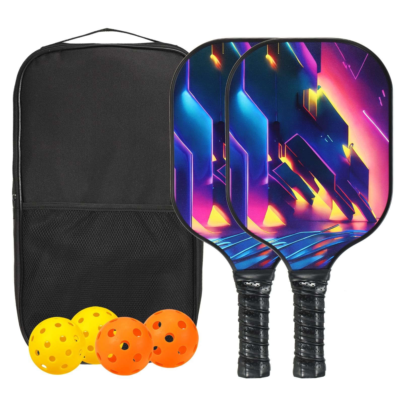 PATIKIL Pickleball Paddles Set, USAPA Approved Fiberglass Surface Pickleball Rackets with Overgrip, 2 Paddles, 4 Pickleballs,1 Carry Bag for Men Women, Red Blue Purple