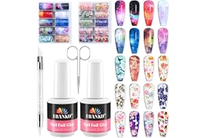 EBANKU Nail Foil Glue Gel, 20 Pcs Nail Art Foil with 30ML Nail Glue, Starry Sky Flower Stickers Transfer Foils Gels Polish Set for Art Salon or Home Use, No Nail Lamp Required