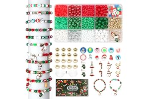 FEMBW Christmas Beads for Jewelry Making,Christmas Tree Elk Father Christmas Charm and Red Green White Christmas Clay Beads Gold Spacer Beads for Bracelets Necklace Making DIY Crafts