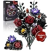 iATOM Black Burgundy Red Rose Bouquet Building Set, 12Pcs Flowers Botanical Collection Kit for Adult Women,Valentine's Day Gift for Her/Mom/Girlfriend/Wife/Couple, Gothic Home Table Centerpieces Decor