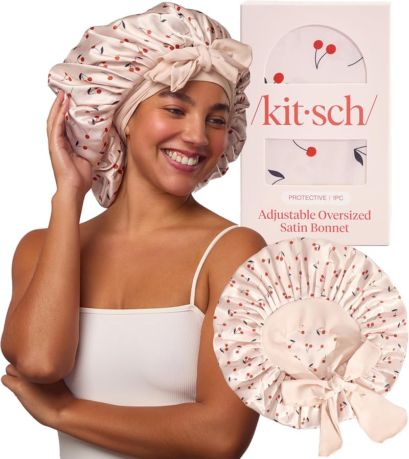 Kitsch XL Satin Bonnet for Sleeping Cherry Print - Adjustable Tie Band