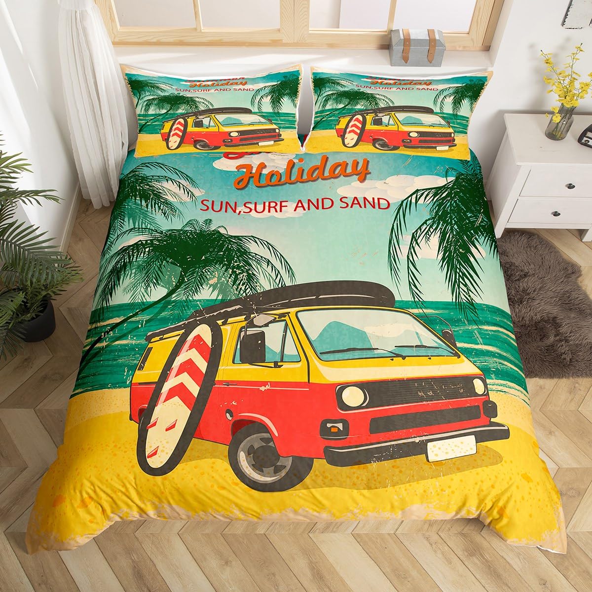 Travel Bus Duvet Cover Holiday Camping Trip Car Bedding Set for Kids Boys Girls Teens Tropical Leaves Yellow Comforter Cover 2Pcs Zipper Single Size