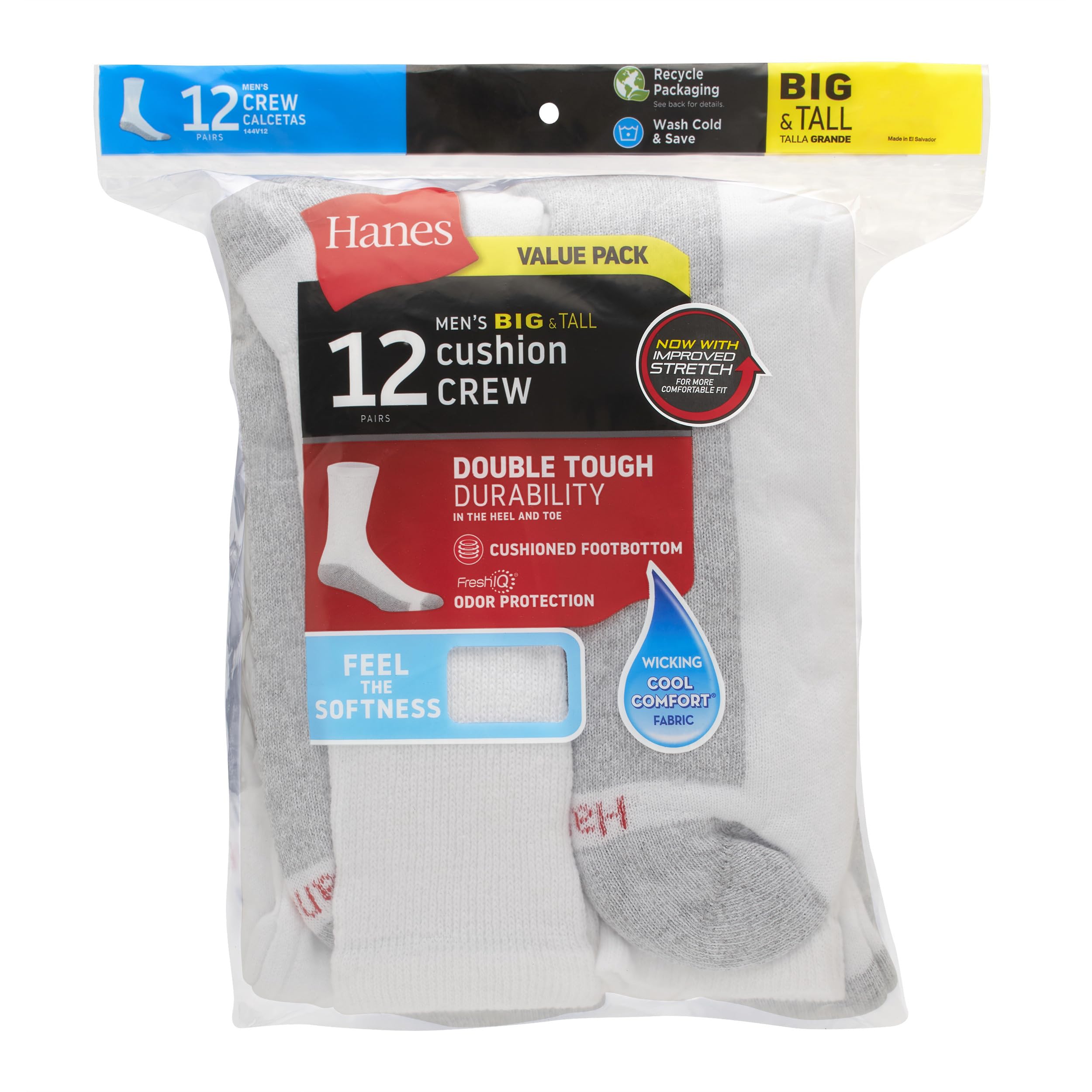 Hanes Mens Double Tough Socks, 12-pair Pack Crew Socks, White/Grey Foot Bottom, 6-12