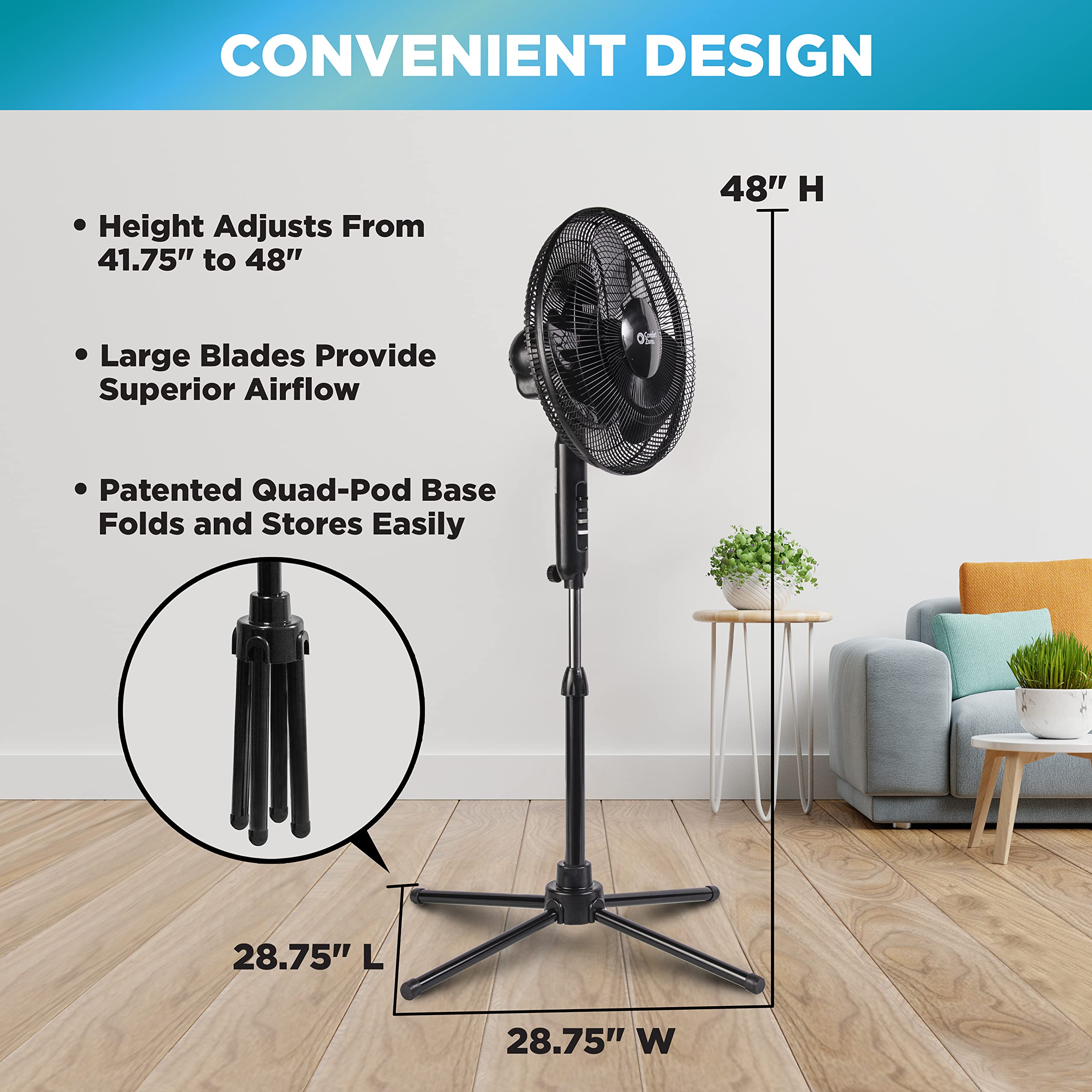 Comfort Zone Electric Oscillating Pedestal Fan, Stand Fan, 16 inch, 3 Speed, 90 Degree Oscillating Head, Adjustable Height and Tilt, Airflow 7.48 ft/sec, Ideal for Home, Bedroom & Office, CZST161BTEBK