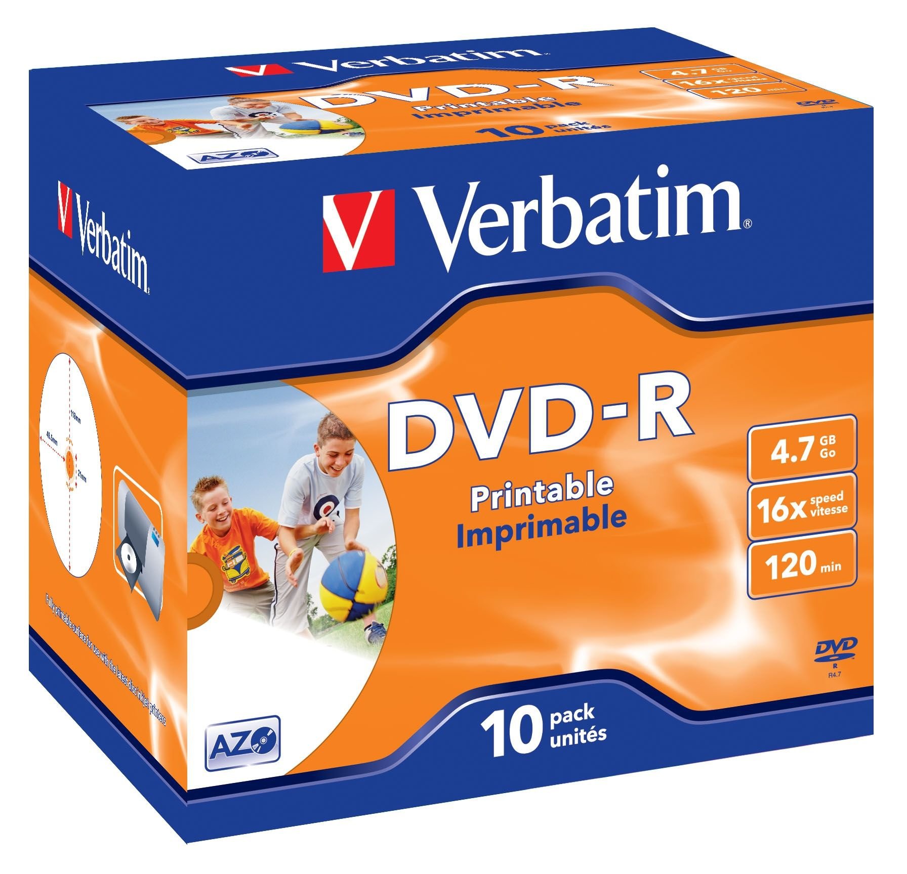 Verbatim DVD-R AZO 4.7 GB - 16x Burning Speed, Printable, Jewel Case, 10-Pack, Silver