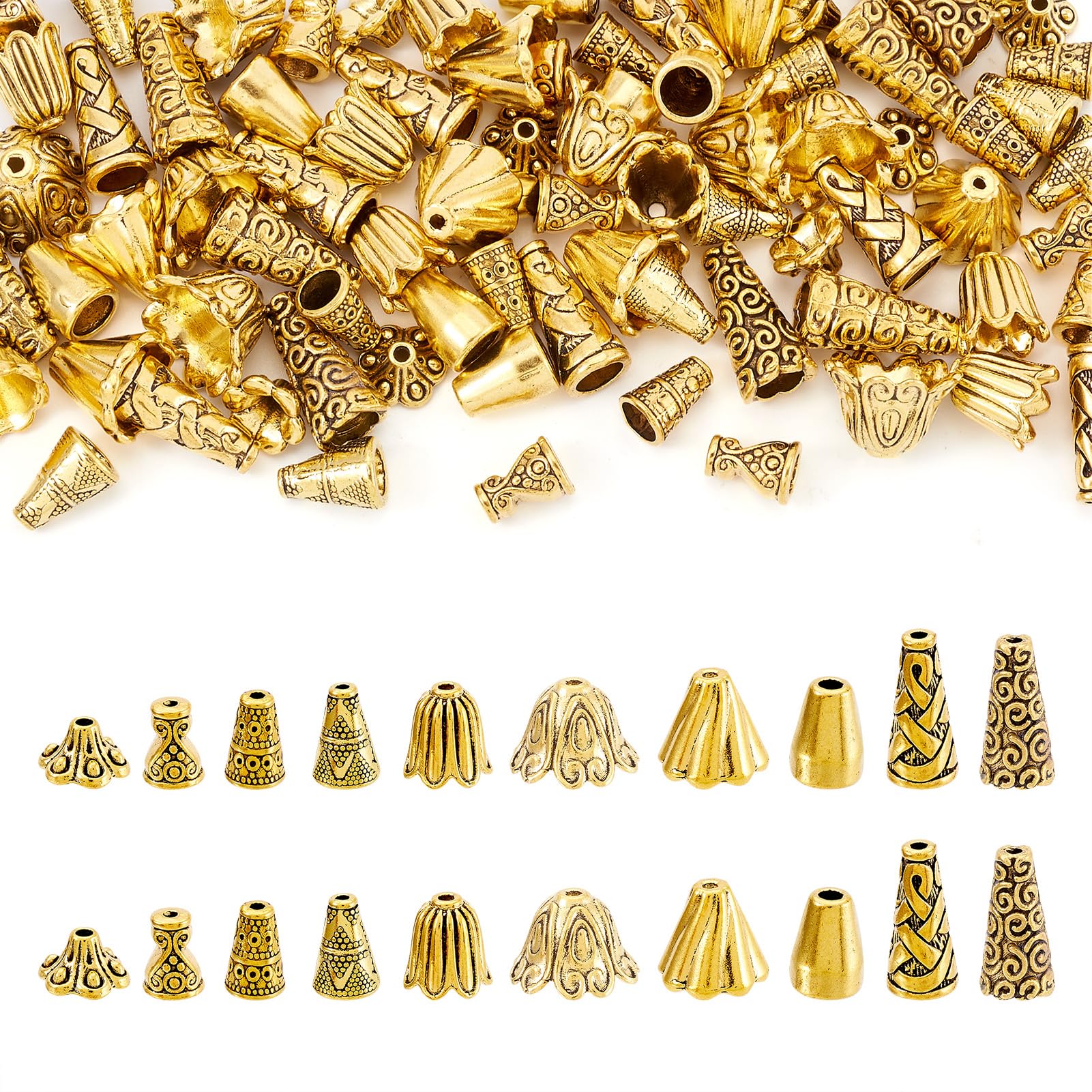 PandaHall 80pcs Alloy Bead Cones 10 Styles Antique Golden Flower Bead Caps End Cap Spacer Beads for Jewelry Craft Making Supplies