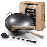 Mammafong Traditional Hand Hammered Round Bottom Carbon Steel Pow Wok Set with Wok Spatula and Bamboo Brush (14 inch wok set 