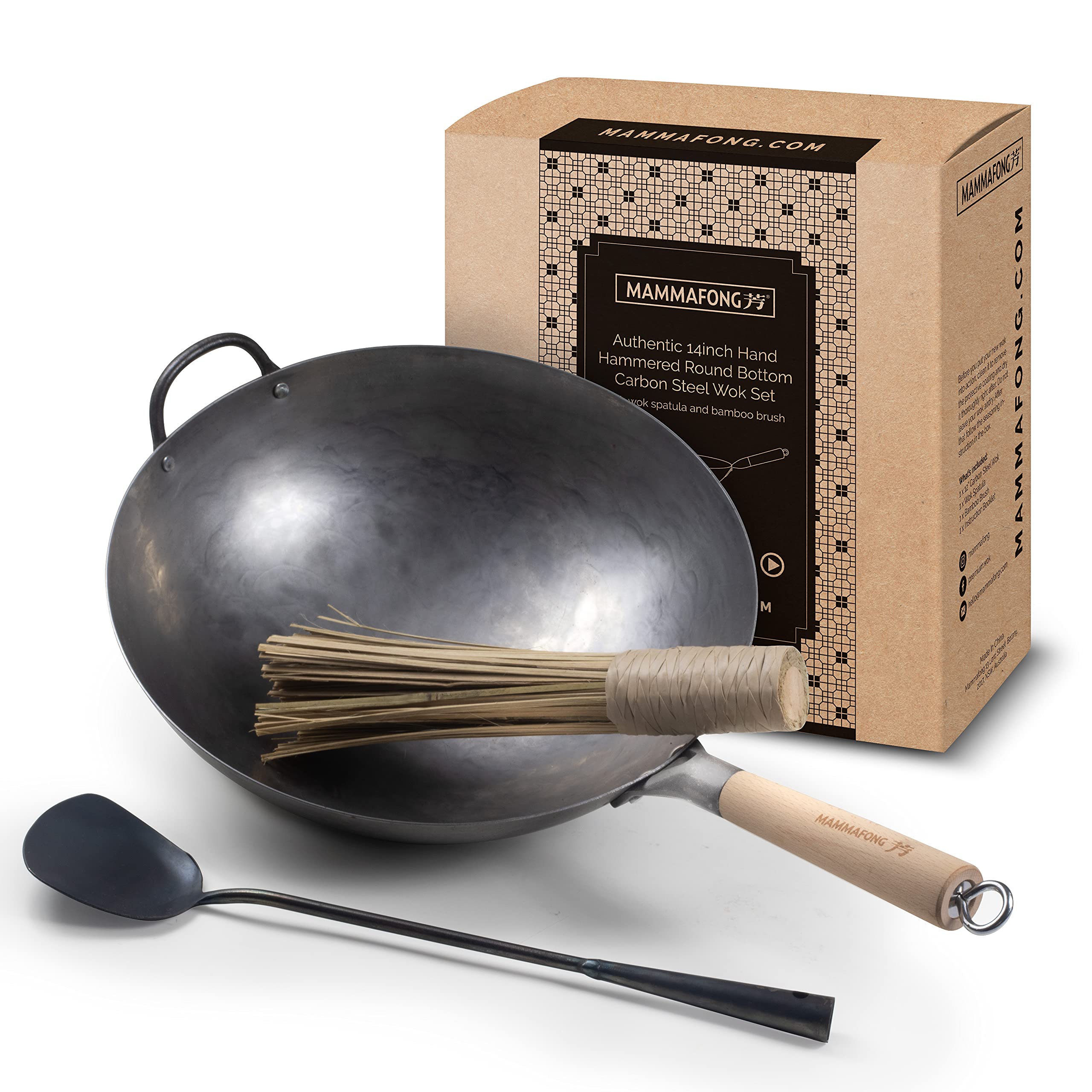 Photo 1 of Mammafong Traditional Hand Hammered Round Bottom Carbon Steel Pow Wok Set with Wok Spatula and Bamboo Brush (14 inch wok set with wok accessories)…