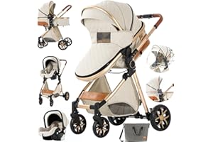 MAGIC ZC 3 in 1 Baby Travel System Infant Baby Stroller Pushchair High Landscape Reversible Foldable Portable Standard Stroller Newborn Pram Buggy Reclining Baby Carriage (225 Creamy White-63)