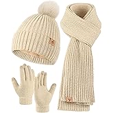 Winter Warm Hat Scarf and Touch Screen Gloves Set, Knitted Pom Beanie Hat Neck Warmer Long Scarf Winter Gloves for Women Men