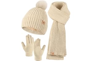 LOROME Winter Warm Hat Scarf and Touch Screen Gloves Set, Knitted Pom Beanie Hat Neck Warmer Long Scarf Winter Gloves for Women Men