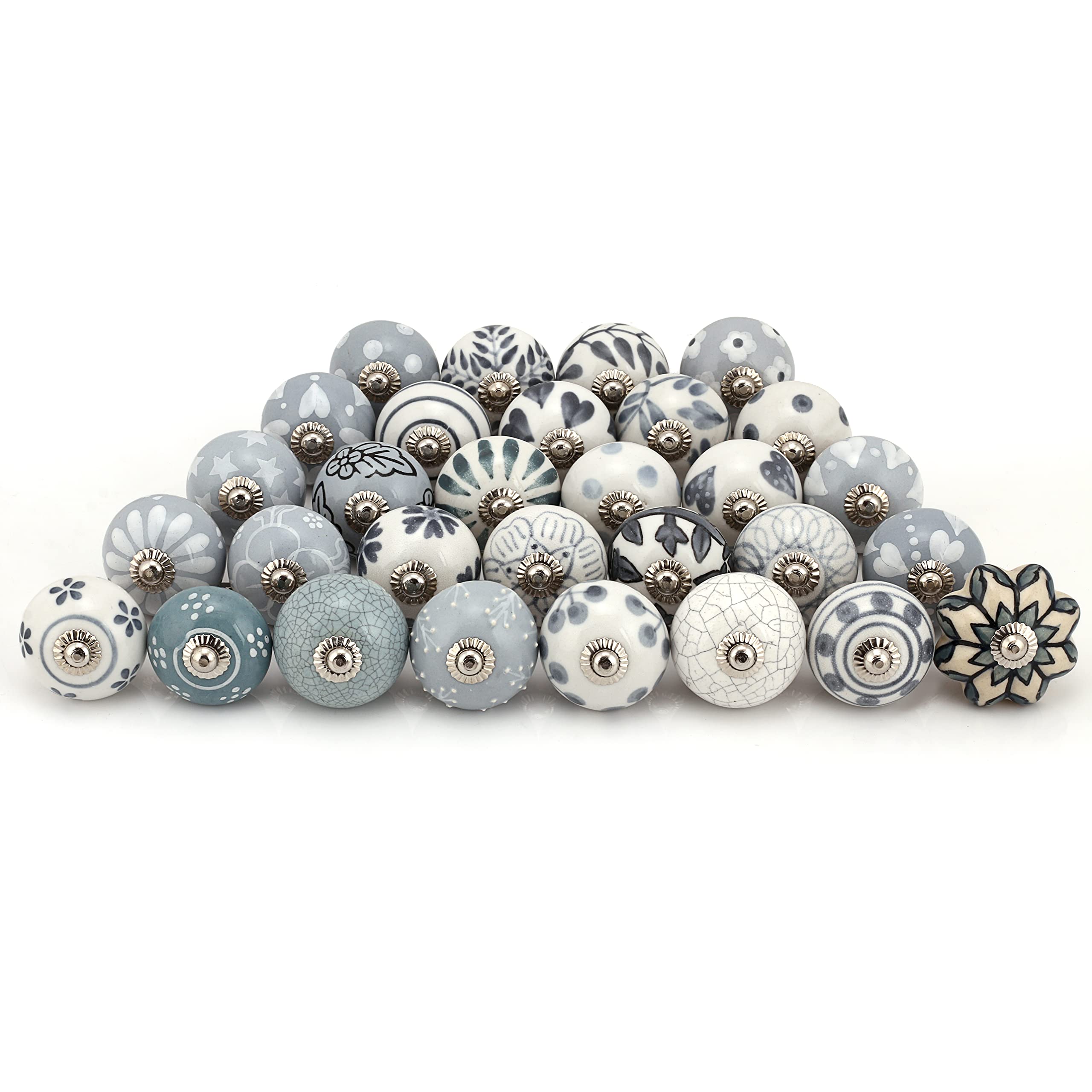 Indian Haat Bazaar Grey Decorative Floral Cabinet Knobs - Pack of 20 Pcs - Brass Steel Door Handle Blue Pottery Flower Handmade Home Decor Hardware, Gray, D - 1.7 x L - 2.5 Inches, DKB00004-P20