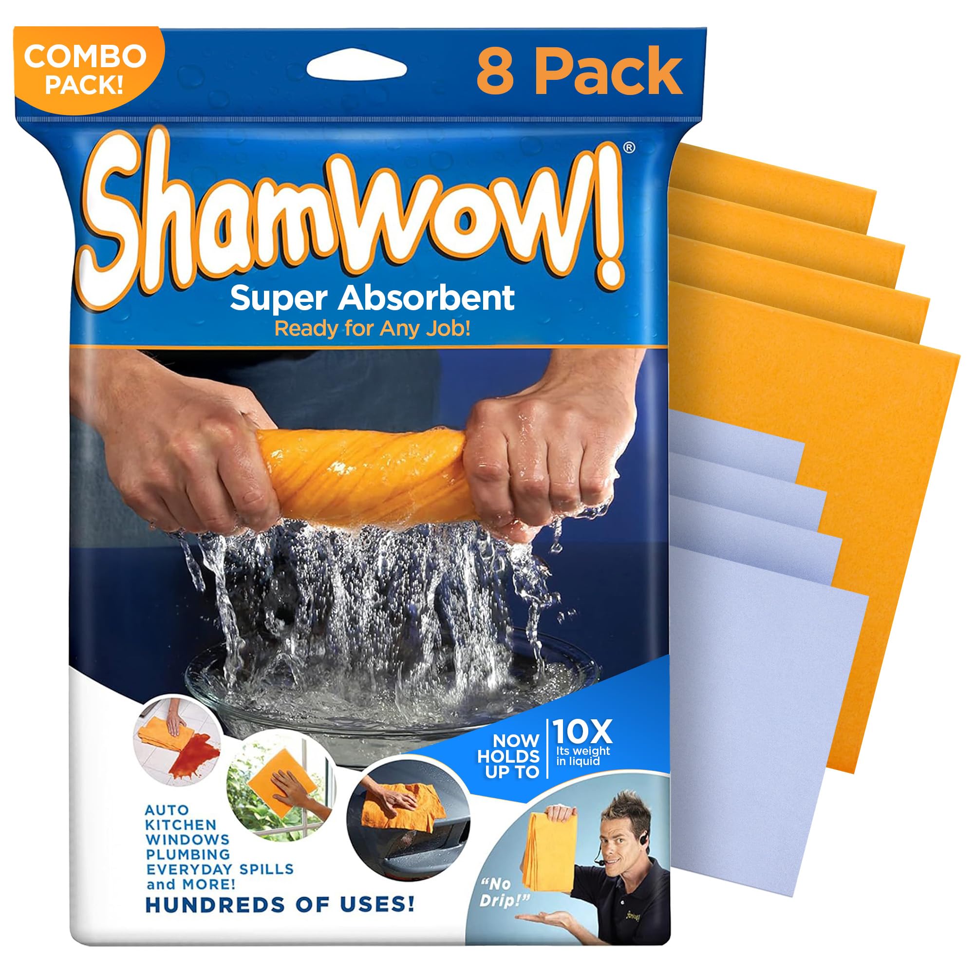 The Original Shamwow - Super Absorbent Multi-Purpose Cleaning Shammy Chamois Towel Cloth - Holds 10X its Weight in Liquid - Machine Washable - Will Not Scratch (8 Pack: 4 Large Orange & 4 Small Blue)