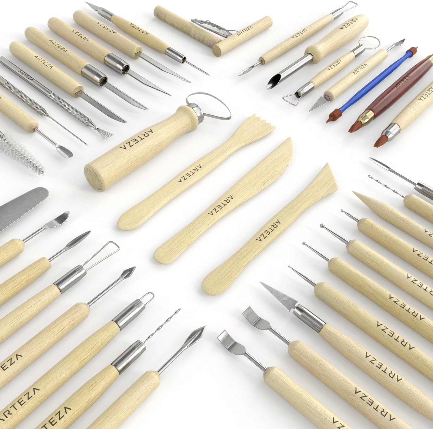 Arteza Pottery & Polymer Clay Tools, 42-Piece Sculpting Set, Steel Tip Tools with Wooden Handles, for Pottery Modeling, Smoothing, Carving & Ceramics