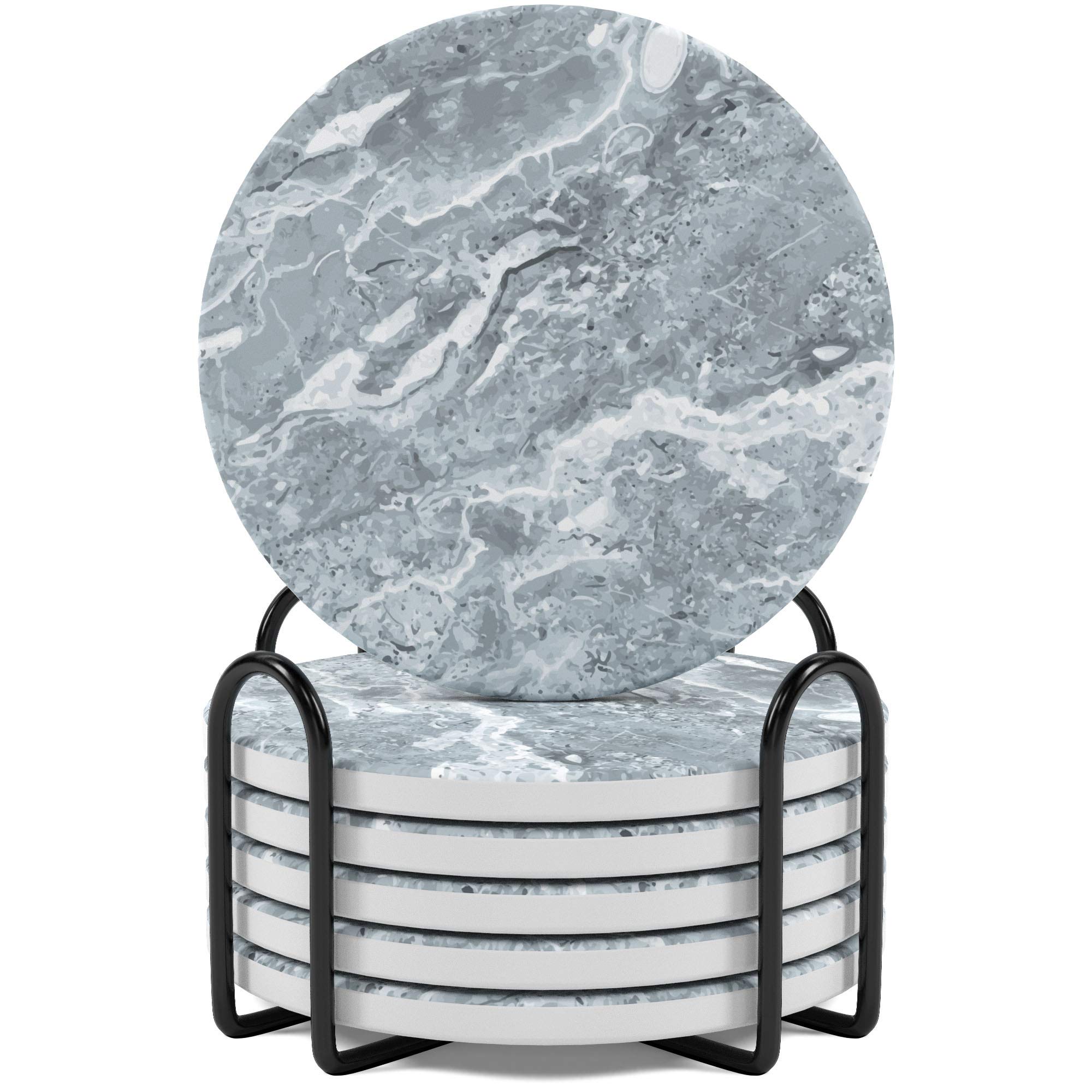 KROWN KITCHEN - 6 Pieces coasters for drinks absorbent with holder. Stone coasters with cork base. Gift ideas