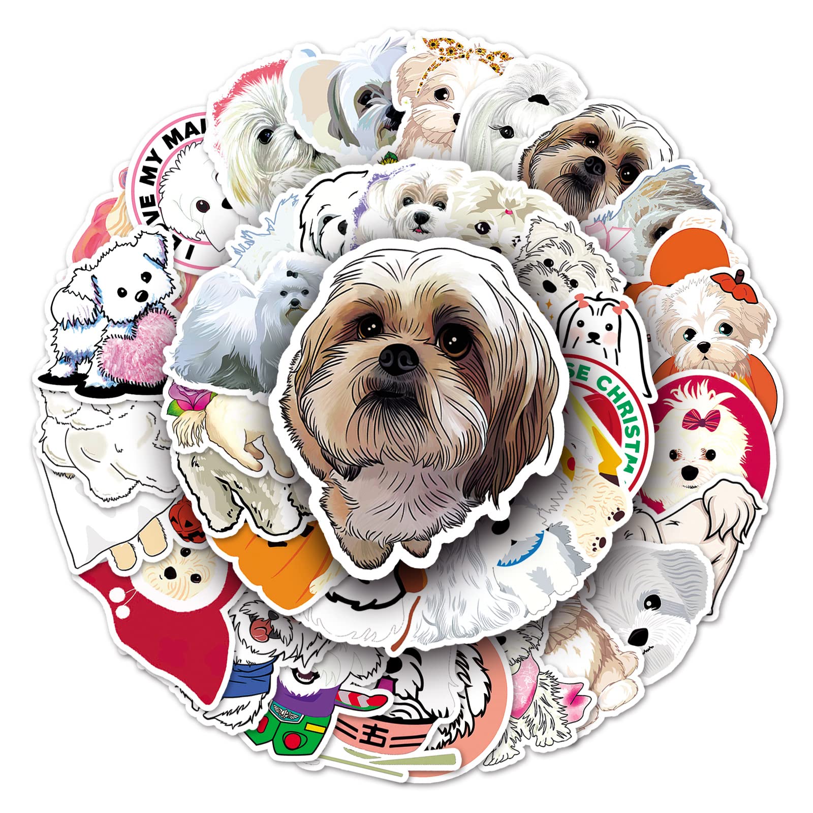 50Pcs Maltese Dog Stickers Laptop Car Scrapbook Phone Skateboard Suitcase Luggage Bike Dog Stickers Vinyl Waterproof Aesthetic Personalised Stickers for Teens Boys Girls Adults Children