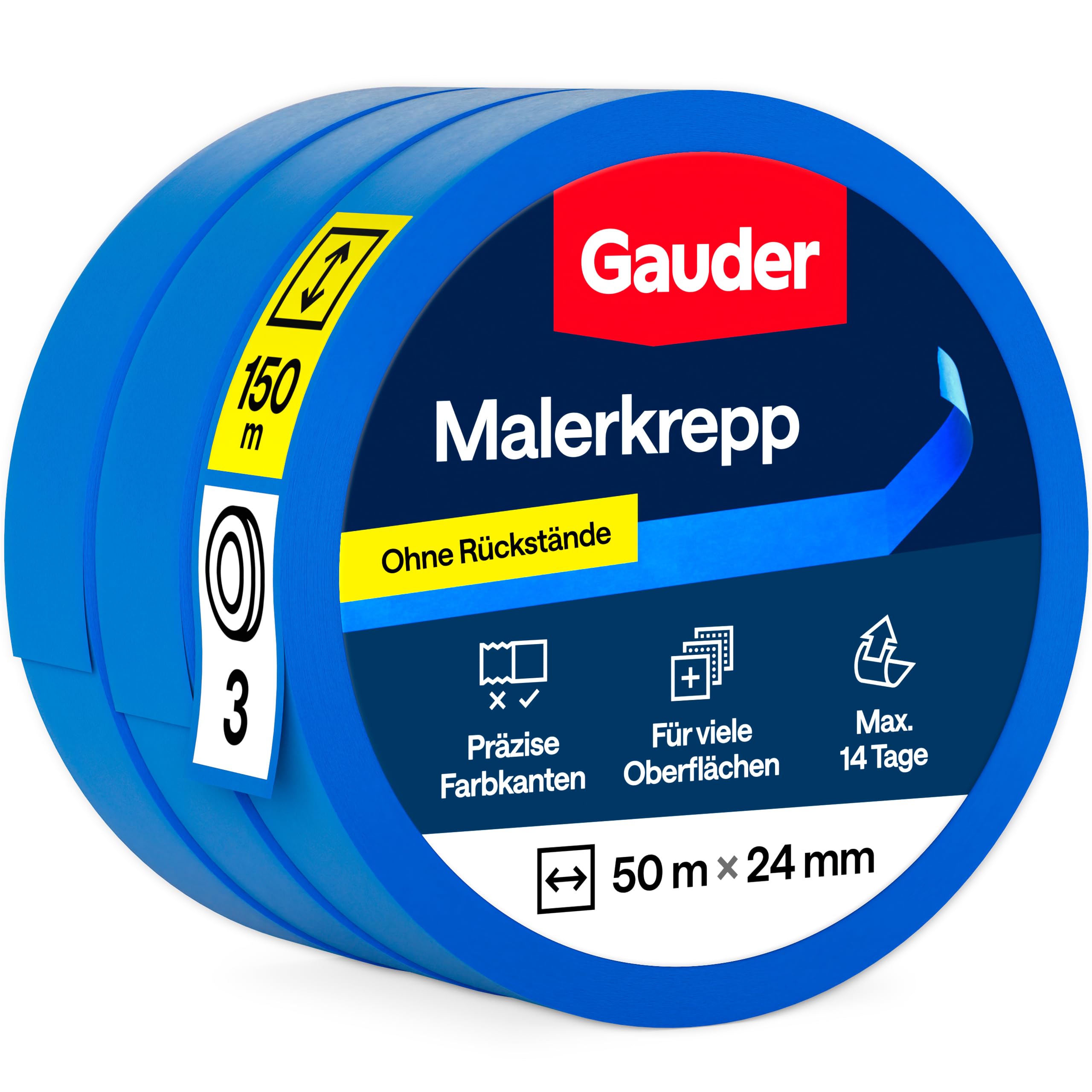 GAUDER Malerkrepp für präzise Farbkanten - Kreppband für Malerarbeiten - Malerband & Abdeckband blau - Abklebeband Maler Washi-Papier - Masking Tape - Klebeband Malertape (3 Rollen - 24 mm x 50 m)