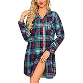 ENJOYNIGHT Women's Sleep Shirt Flannel Print Pajama Top Button-Front Nightshirt Sleepwear