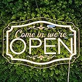 LED Neon Open Sign for Business, Adjustable Brightness Neon Lights for Party Bar Salon Stores Hotel Wall Decor Come in we're Open (Warm White, 16.5x11'')