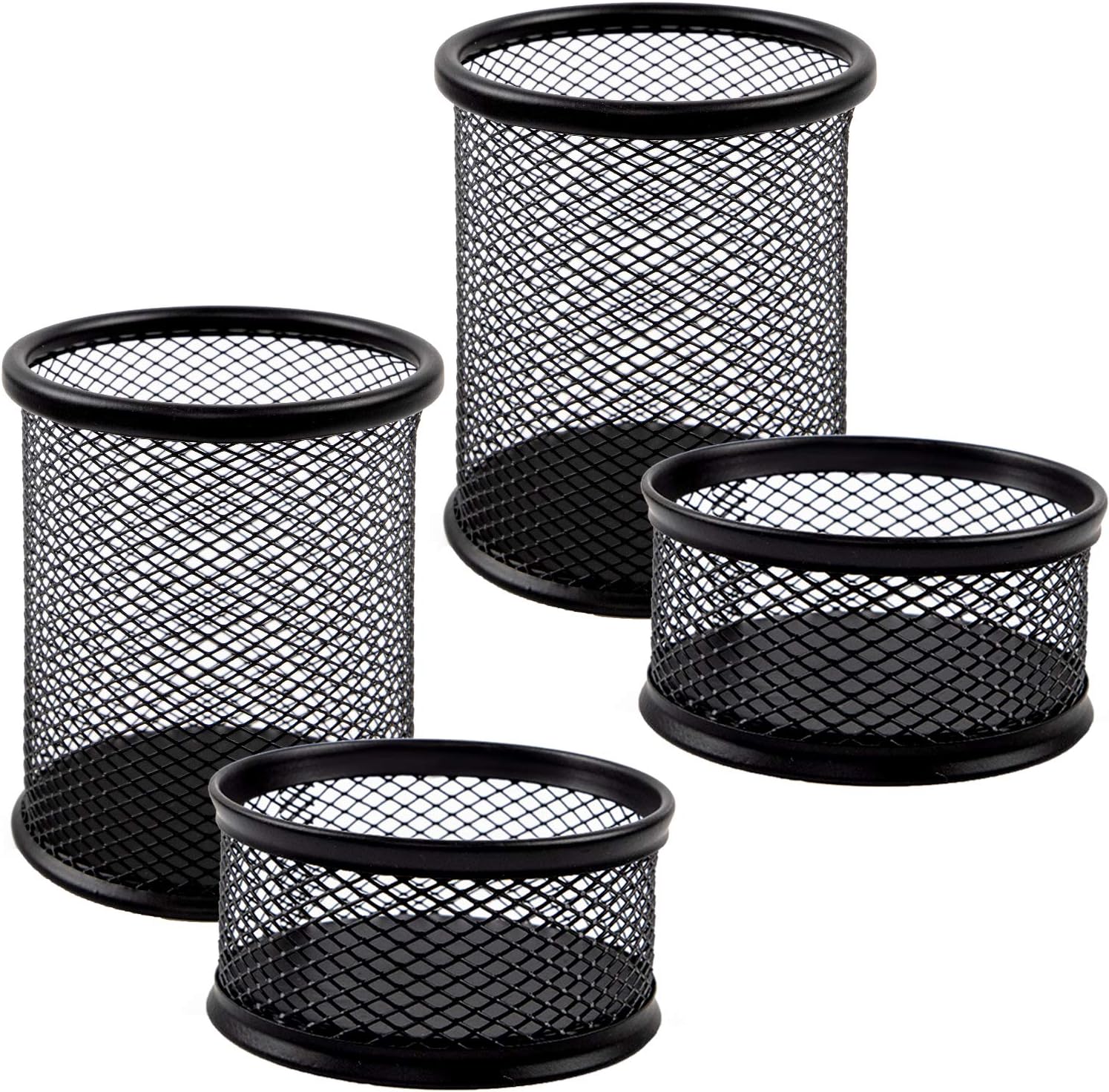 JPSOR 4 Packs Mesh Pencil Holder and Paper Clip Holder, Metal Black Pen Cups Paper Clips Organizer for Desk Office and School