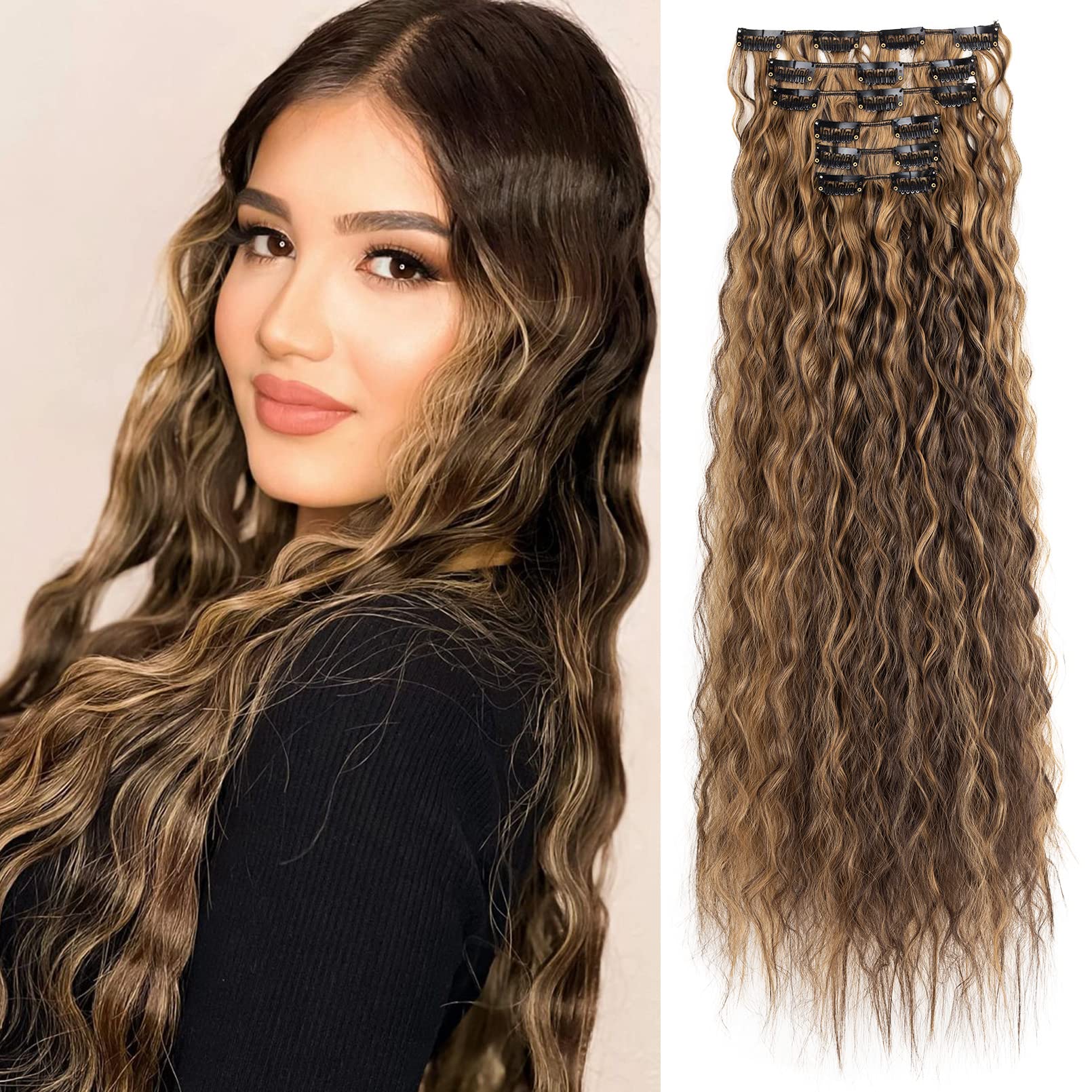 Photo 1 of LONAI Clip In Hair Extensions, 6PCS Curly 24" Long Synthetic Clip On Hairpiece For Women-Chocolate Brown with Caramel Blonde Highlights