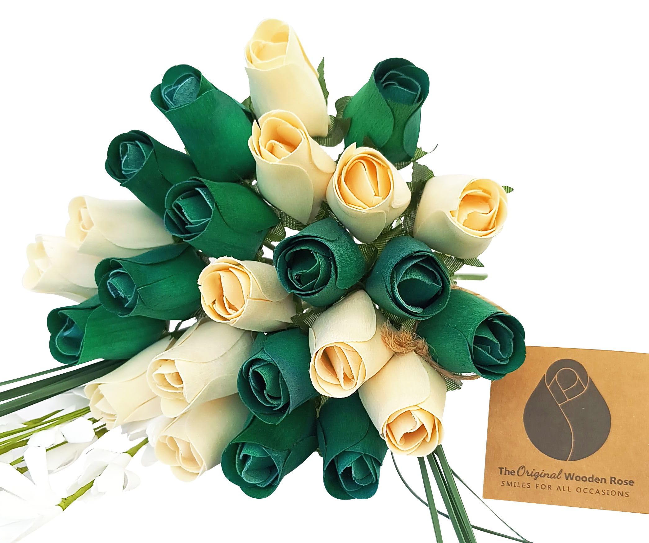 The Original Wooden Rose St. Patrick's Day Green and White Flower Bouquet Closed Bud Roses (2 Dozen)