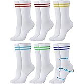 Chuarry 6 Pairs Compression Striped Crew Socks for Women 15-20 Mmhg Lightweight Cotton Compression Socks with Colorful Stripes Mid Calf White Athletic Socks for Sports Running Cycling