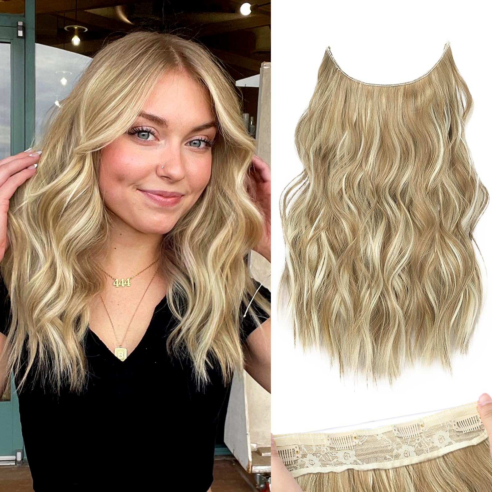 Photo 1 of KooKaStyle Invisible Wire Hair Extensions with Transparent Wire Adjustable Size 4 Secure Clips 16 Inch Long Wavy Secret Hairpiece(Dark Ash Blonde mix Light Blonde Highlights)