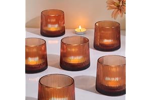 DARJEN Amber Ribbed Tealight Votive Candle Holders- 6Pack Glass Candle Holders for Table Centerpiece, Home Decor, Wedding Decor, Party Dinner