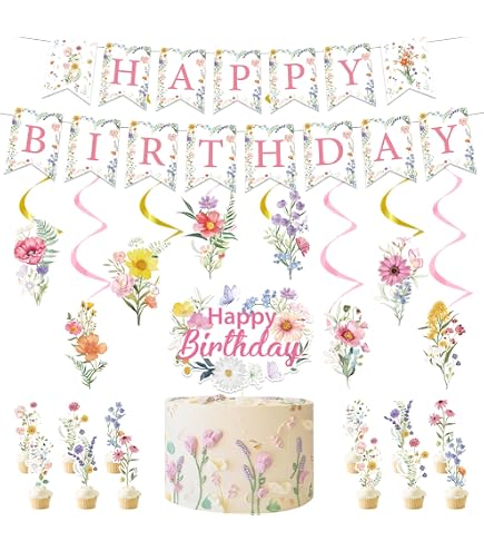 Luvsweets Wildflower Birthday Decorations - 3 Pc Happy Birthday Banner Set For Girls & Women Party Decor