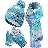 ShinyMarch Kids Winter Hat Scarf Gloves Set Thick Thermal Lined Beanie with Pom Warm Neck Gaiter Knit Mittens for Boys Girls