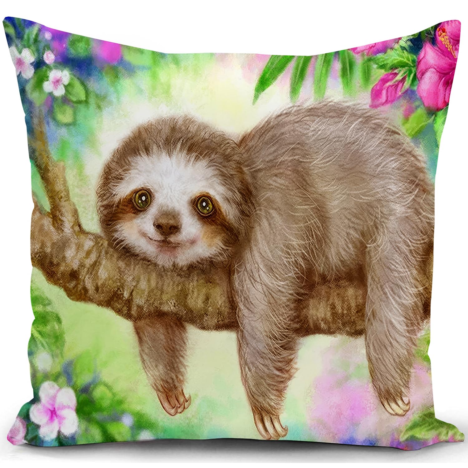 KUNQIAN Sloth Cushion Cover Sloth Tree Gift for Women Her Girl Cute Throw Pillow Case Ornament Outdoor Garden Animal Green Spring Decor Home Livingroom Couch Sofa 18"x18"(45x45cm)