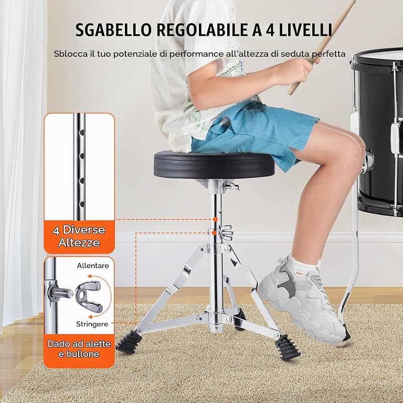 Kit di Batteria per Bambini, Set Completo per Principianti, 5 Pezzi, Kit con Basso Tom, Rullante, Trono, Piatto, Pedale Hi-Hat e Due Paia di Bacchette, Kit Tamburo Principianti 40,64 cm, Nero
