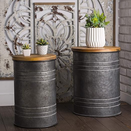 Glitzhome Rustic Storage Bins Metal Stool Ottoman Seat with Round Wood