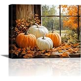 White Orange Pumpkins Autumn Canvas Wall Art, Thanksgiving Canvas Prints | Halloween Fall Pictures Wall Decor for Living Room Bedroom Kitchen, Ready to Hang Vintage Thanksgiving Wall Art 24x32