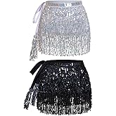2Pcs Sequin Tassel Skirt Fringe Belly Dance Hip Scarf Sparkly Rave Costume for Women Girls