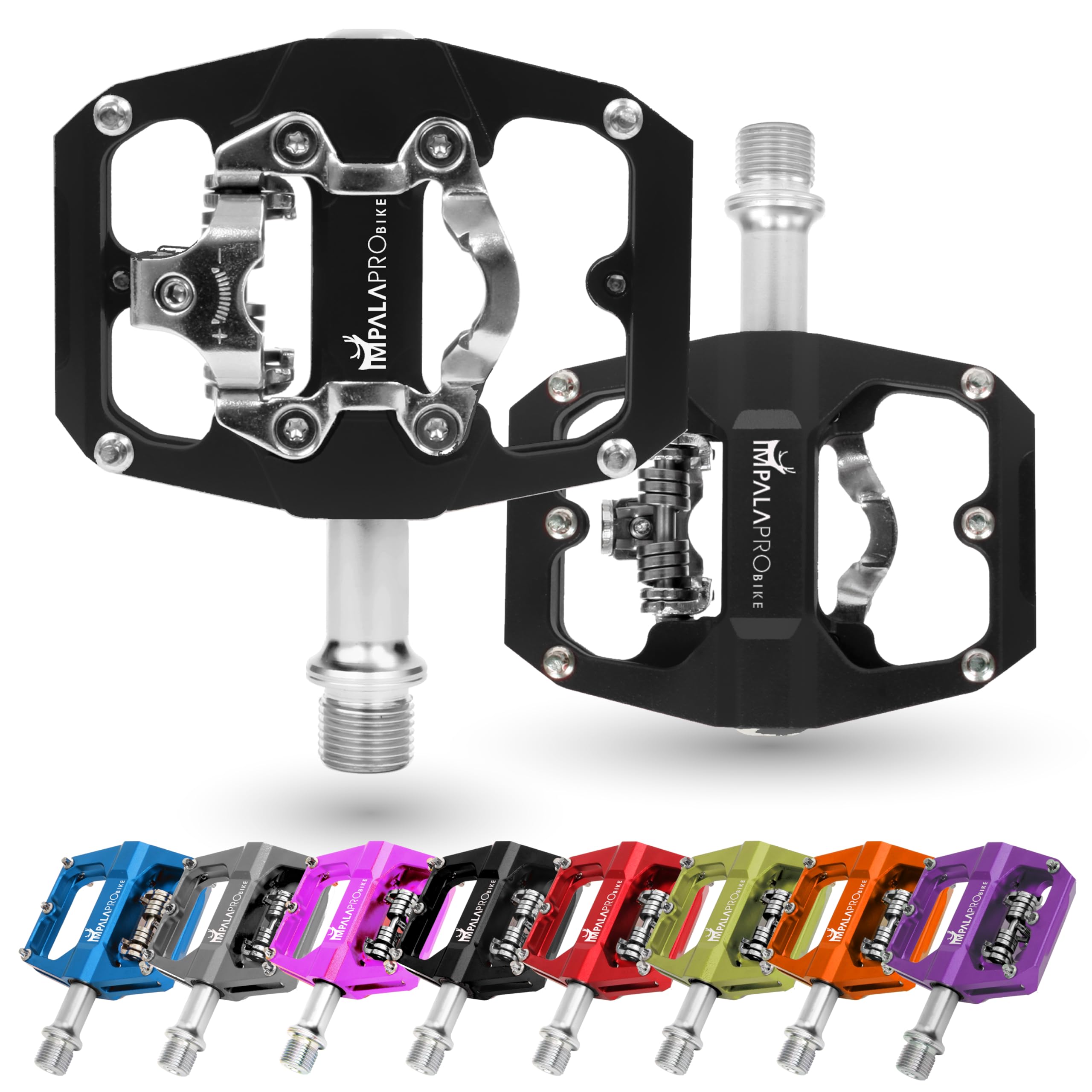 IMPALAPRO - Dual Function Bicycle Flat Pedals and SPD Pedals 9/16'' Compatible with Shimano SPD Pedals - Dual Platform MTB Flat Pedals and SPD Clipless Pedals (Black)