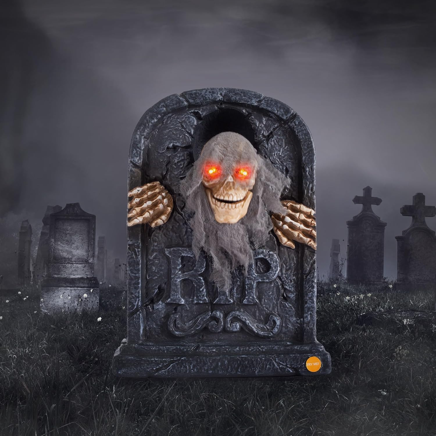 Outdoor Holiday Decorations - ELAMAS Halloween Animatronics Zombie Tombstone - Animated Skeleton Decorations with Sound Activated, Creepy Voice, Spooky Skull head, Light Up Eyes, Scary Motion Haunted Horror Prop for Indoor/Outdoor