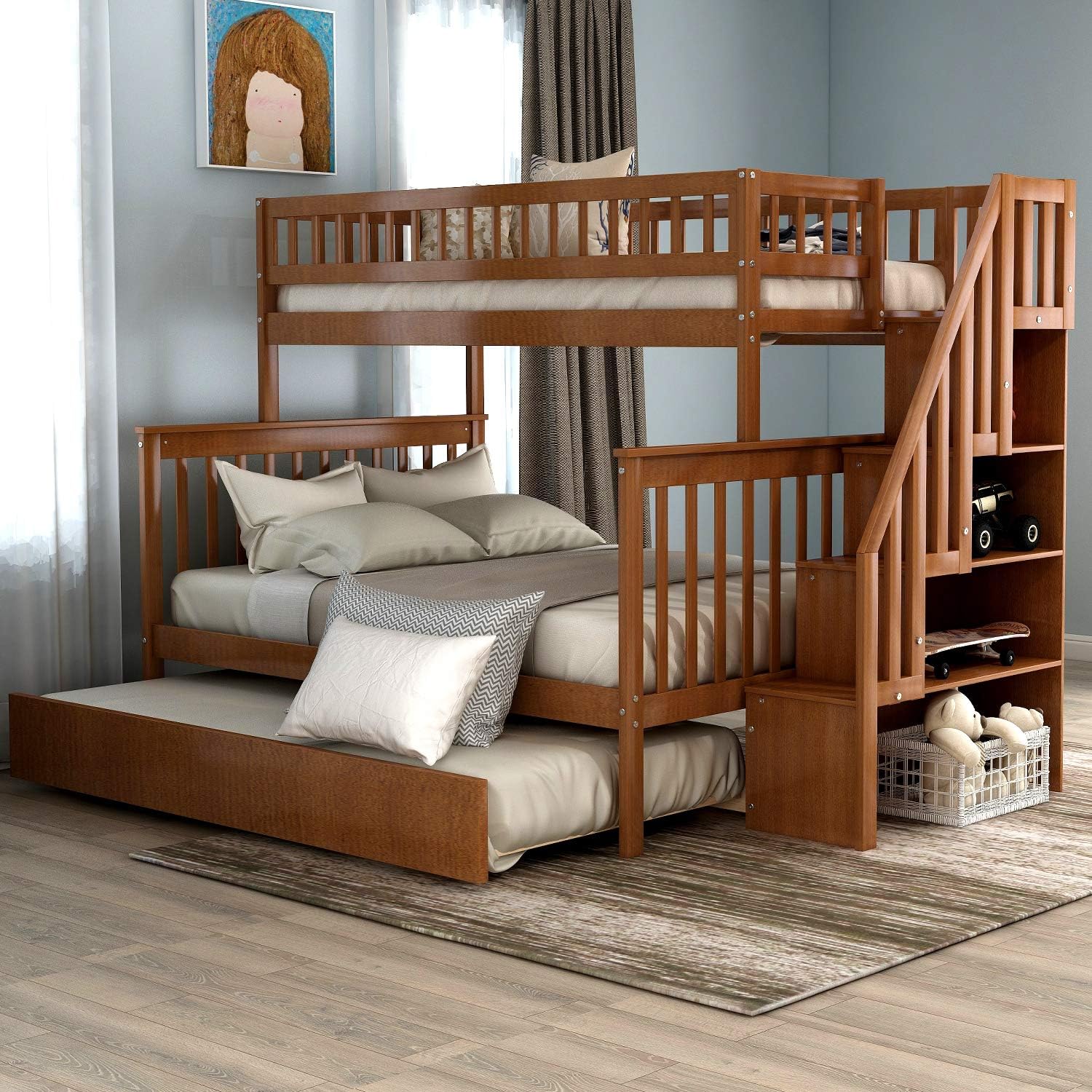 Twin-Over-Full Bunk Bed for Kids, Trundle Bed & Loft System with Storage in The Steps, Warm Walnut