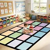 5x7.6 ft Pastel Color Squares Classroom Rug Colorful Educational Area Mat Happy Squares Rainbow Color Themed Play Carpet Back to School Learning Mat for Preschool Nursery Kindergarten(Pastel)