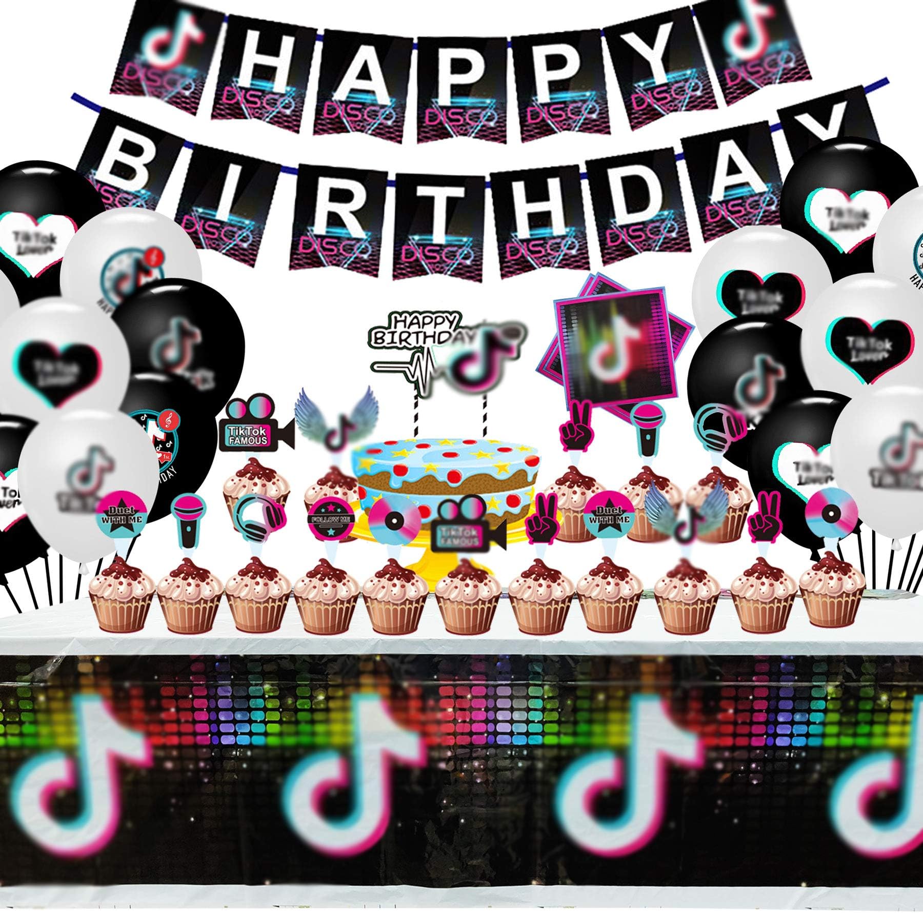 TIK TOK Birthday Party Decorations - Happy Birthday Banner, TIK Tok Cake Topper, Cupcake Toppers, Napkins and TIK Tok Tablecover for Music Karaoke Themed Party Supplies