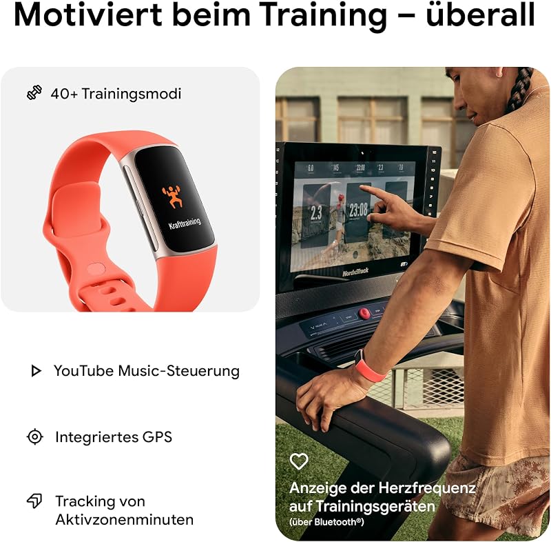 Google Charge 6 Aktivitätstracker enthält eine 3 monatige Google Health Premium Mitgliedschaft, 7 Tage Akkulaufzeit, Google Wallet und Maps, Koralle/Aluminium in Champagne Gold