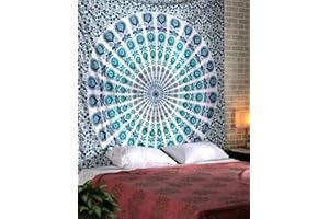 RAJRANG Peacock Mandala Tapestry - Twin Hippie Wall Hanging Decorative Trippy Tapestries Bohemian Bedding Boho Indian Handmade Pure Cotton Bed Spread Sheet - 90 X 84 Inches Sky Blue