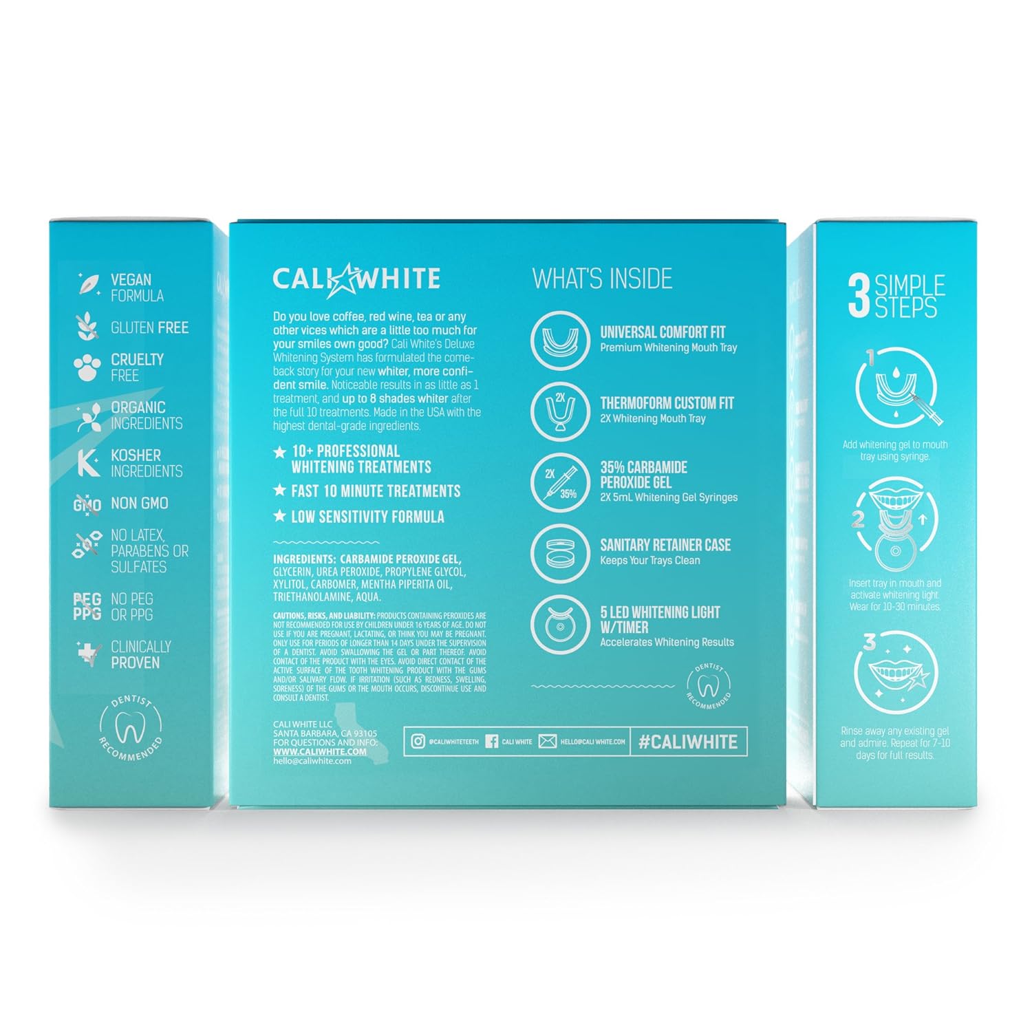 Cali White Vegan Teeth WHITENING KIT with LED Light, Made